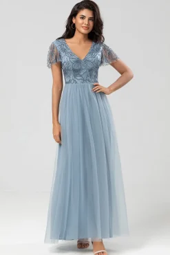 Confiantemente Carismático Uma Linha V Pescoço Dusty Blue Long Vestido de Dama de Honra com Missangas