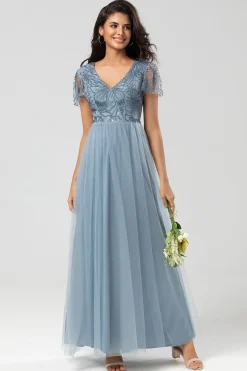 Confiantemente Carismático Uma Linha V Pescoço Dusty Blue Long Vestido de Dama de Honra com Missangas