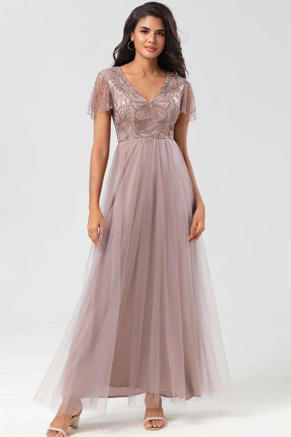 Confiantemente Carismático Uma Linha V Pescoço Dusty Blue Long Vestido de Dama de Honra com Missangas