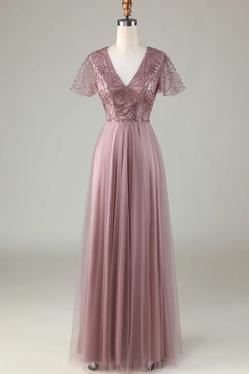 Confiantemente Carismático Uma Linha V Pescoço Dusty Blue Long Vestido de Dama de Honra com Missangas