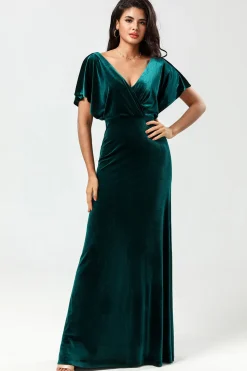 Confiantemente Carismático Uma Linha V-Neck Peacock Velvet Vestido Madrinha com Folhos