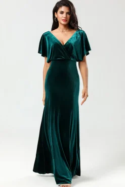 Confiantemente Carismático Uma Linha V-Neck Peacock Velvet Vestido Madrinha com Folhos