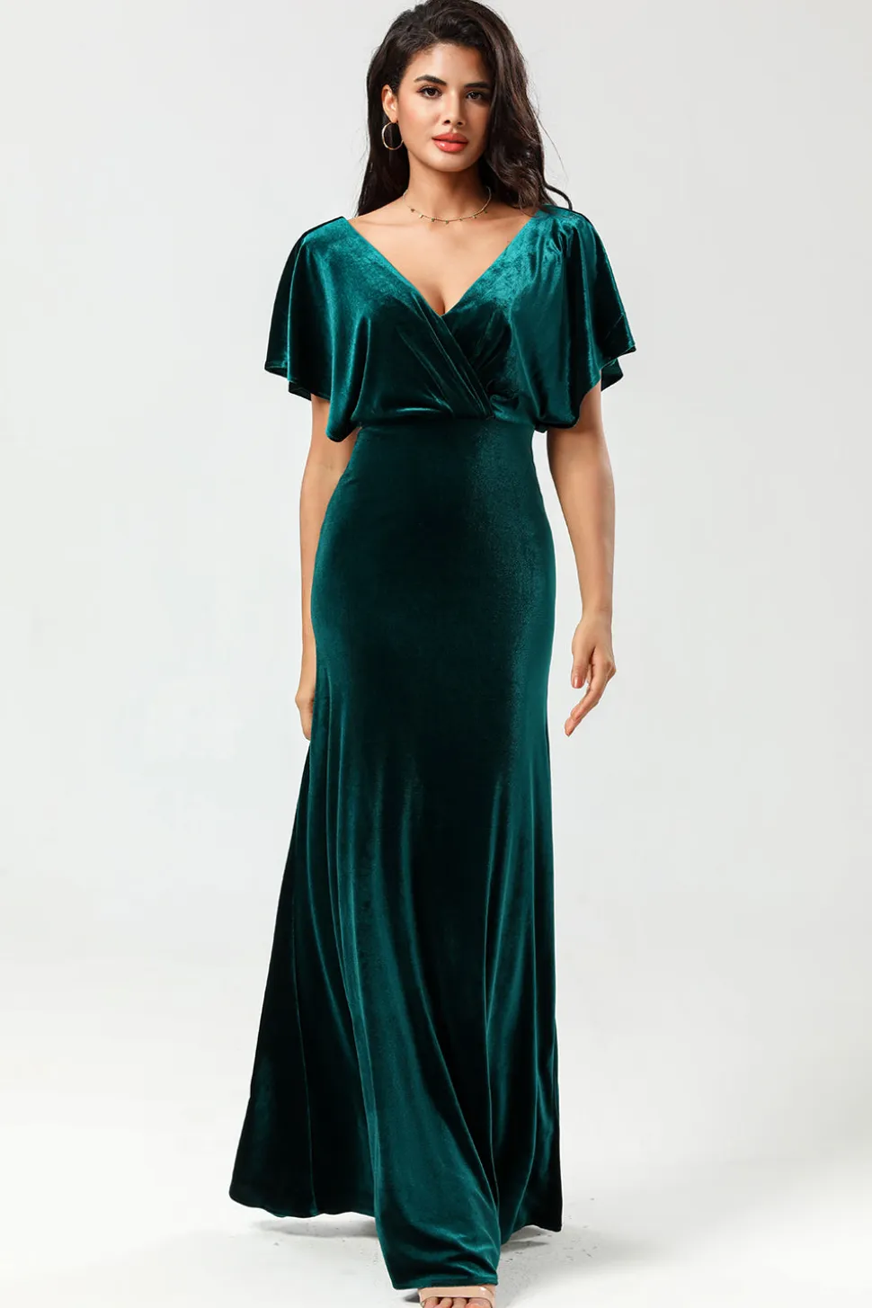 Confiantemente Carismático Uma Linha V-Neck Peacock Velvet Vestido Madrinha com Folhos