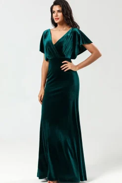 Confiantemente Carismático Uma Linha V-Neck Peacock Velvet Vestido Madrinha com Folhos