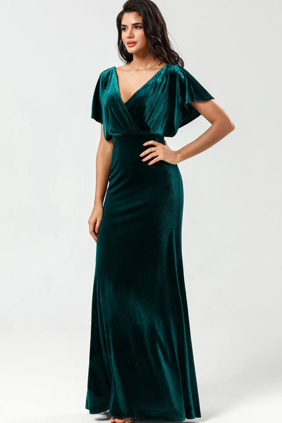 Confiantemente Carismático Uma Linha V-Neck Peacock Velvet Vestido Madrinha com Folhos