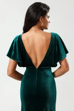 Confiantemente Carismático Uma Linha V-Neck Peacock Velvet Vestido Madrinha com Folhos