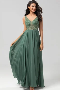 Confiantemente Carismático Uma Linha V Pescoço Eucalipto Vestido Longo Madrinha com Missangas