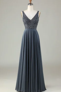 Confiantemente Carismático Uma Linha V Pescoço Eucalipto Vestido Longo Madrinha com Missangas