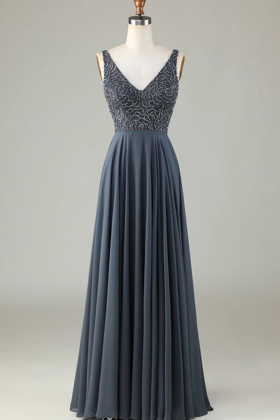 Confiantemente Carismático Uma Linha V Pescoço Eucalipto Vestido Longo Madrinha com Missangas