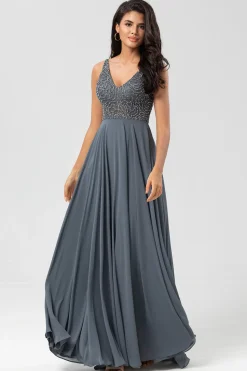 Confiantemente Carismático Uma Linha V Pescoço Eucalipto Vestido Longo Madrinha com Missangas