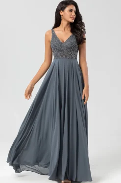Confiantemente Carismático Uma Linha V Pescoço Eucalipto Vestido Longo Madrinha com Missangas