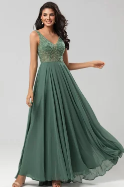 Confiantemente Carismático Uma Linha V Pescoço Eucalipto Vestido Longo Madrinha com Missangas