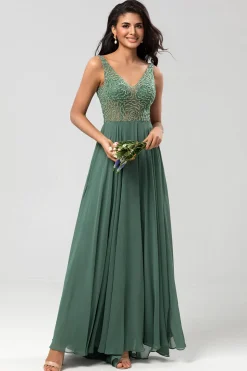 Confiantemente Carismático Uma Linha V Pescoço Eucalipto Vestido Longo Madrinha com Missangas