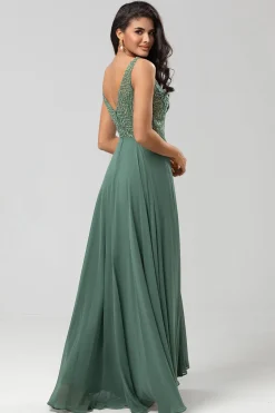 Confiantemente Carismático Uma Linha V Pescoço Eucalipto Vestido Longo Madrinha com Missangas