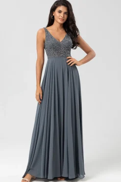 Confiantemente Carismático Uma Linha V Pescoço Eucalipto Vestido Longo Madrinha com Missangas