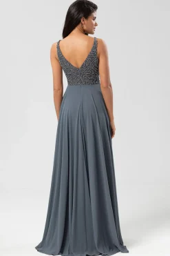 Confiantemente Carismático Uma Linha V Pescoço Eucalipto Vestido Longo Madrinha com Missangas