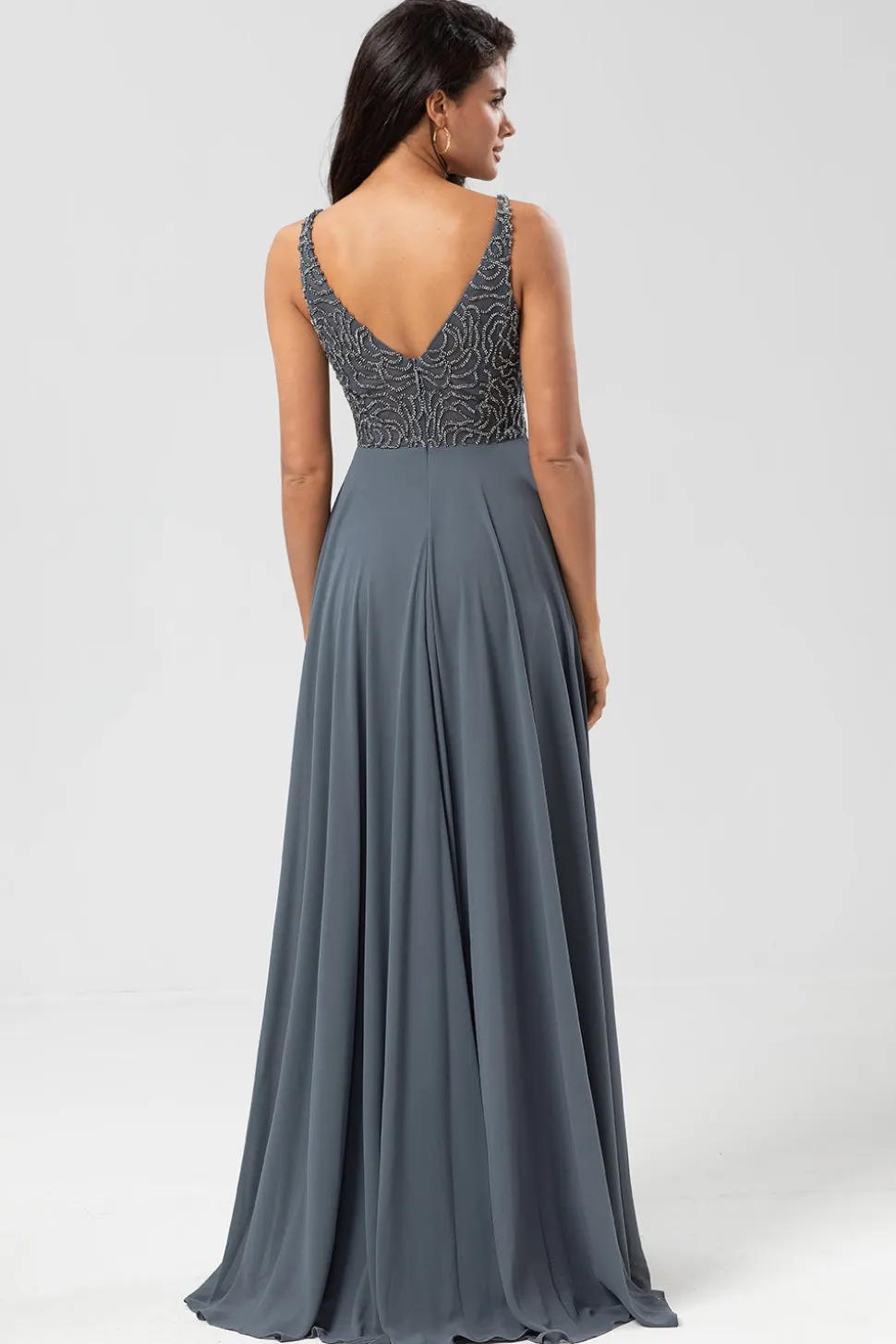 Confiantemente Carismático Uma Linha V Pescoço Eucalipto Vestido Longo Madrinha com Missangas