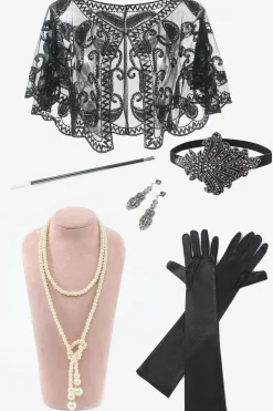 Conjunto de acessórios de seis peças pretas de cabeça golve brincos 1920s
