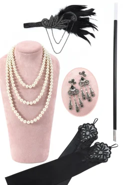 Conjunto de acessórios pretos flapper de 1920