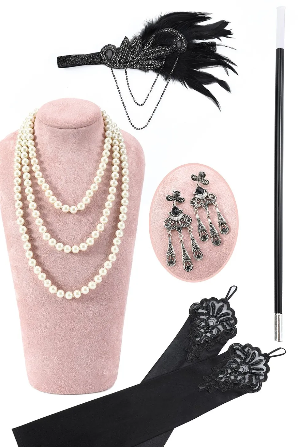 Conjunto de acessórios pretos flapper de 1920