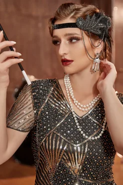 Conjunto de acessórios pretos flapper de 1920