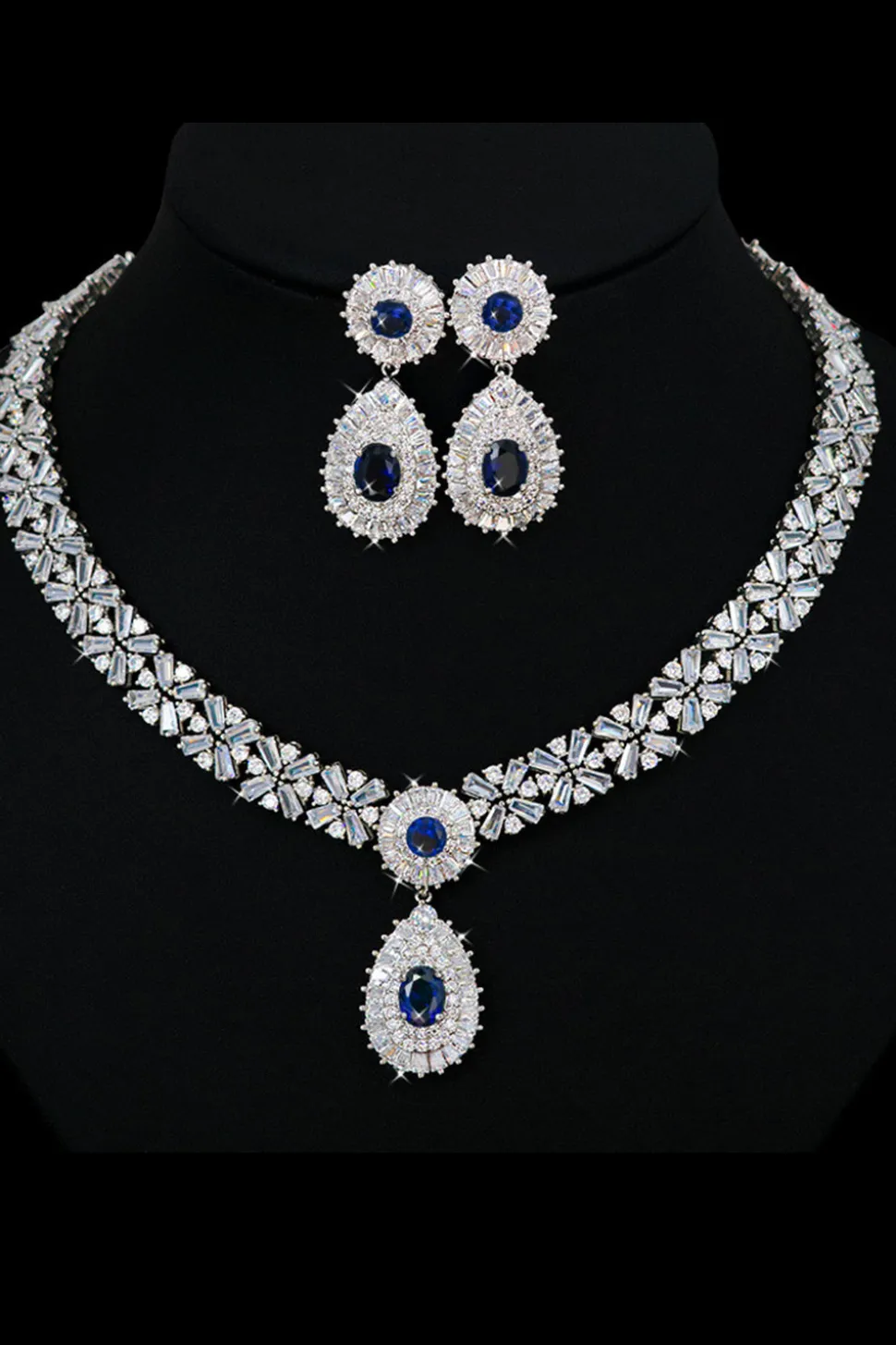 Conjunto de joias de colar de cristal azul real
