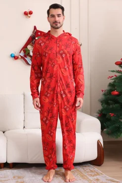 Conjunto de pijama familiar com capuz padrão vermelho