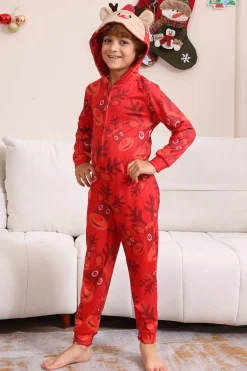 Conjunto de pijama familiar com capuz padrão vermelho