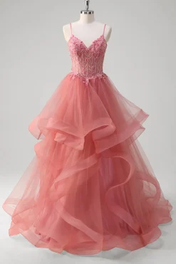 Coral A Line Espaghetti Straps Corset Tiered Long Prom Dress com Apliques