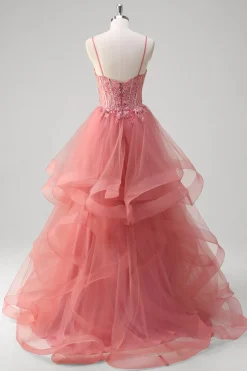 Coral A Line Espaghetti Straps Corset Tiered Long Prom Dress com Apliques