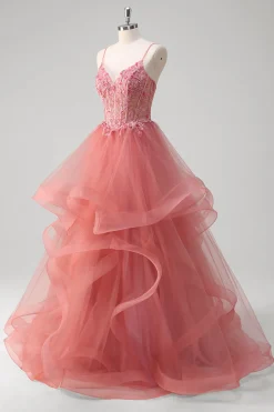 Coral A Line Espaghetti Straps Corset Tiered Long Prom Dress com Apliques
