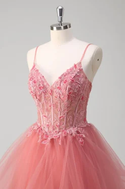 Coral A Line Espaghetti Straps Corset Tiered Long Prom Dress com Apliques
