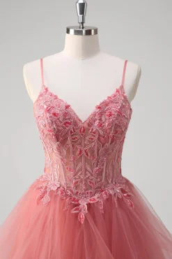 Coral A Line Espaghetti Straps Corset Tiered Long Prom Dress com Apliques