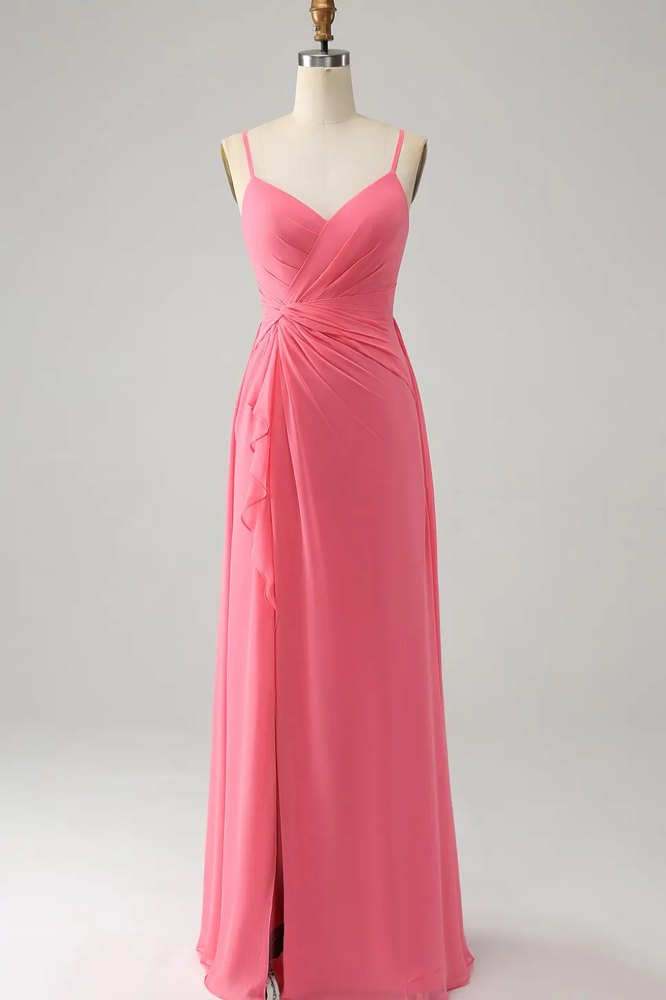 Coral A Linha V Pescoço Esparguete Correias Chiffon Long Vestido Madrinha Com Fenda