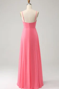 Coral A Linha V Pescoço Esparguete Correias Chiffon Long Vestido Madrinha Com Fenda