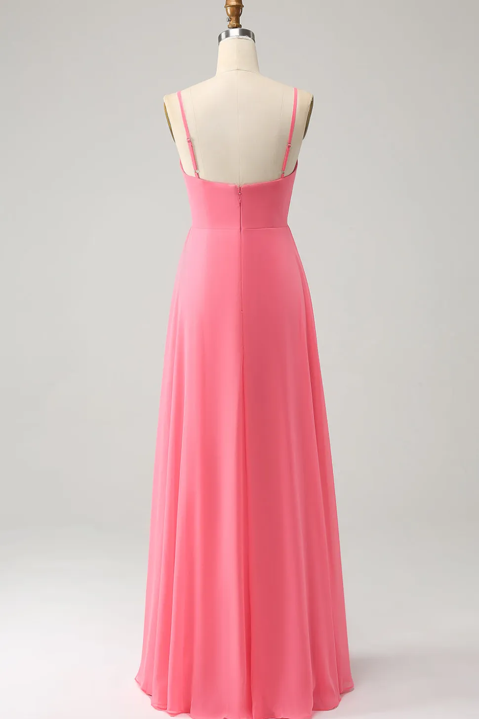 Coral A Linha V Pescoço Esparguete Correias Chiffon Long Vestido Madrinha Com Fenda