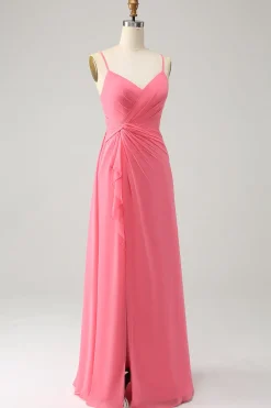 Coral A Linha V Pescoço Esparguete Correias Chiffon Long Vestido Madrinha Com Fenda