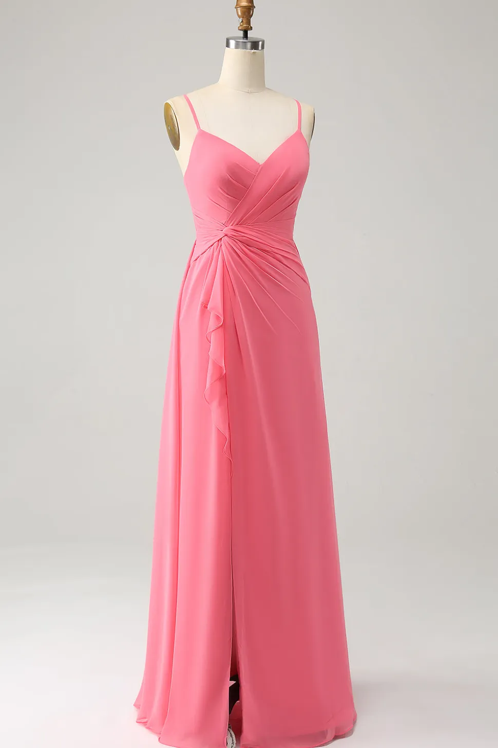 Coral A Linha V Pescoço Esparguete Correias Chiffon Long Vestido Madrinha Com Fenda