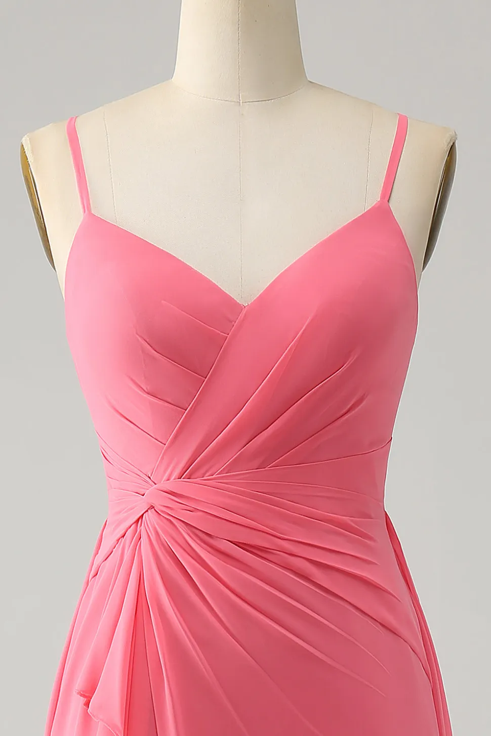 Coral A Linha V Pescoço Esparguete Correias Chiffon Long Vestido Madrinha Com Fenda