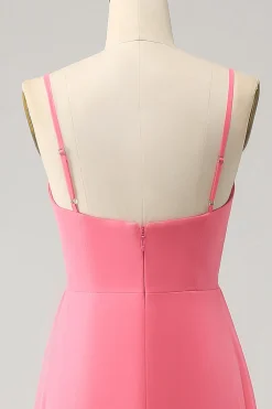 Coral A Linha V Pescoço Esparguete Correias Chiffon Long Vestido Madrinha Com Fenda