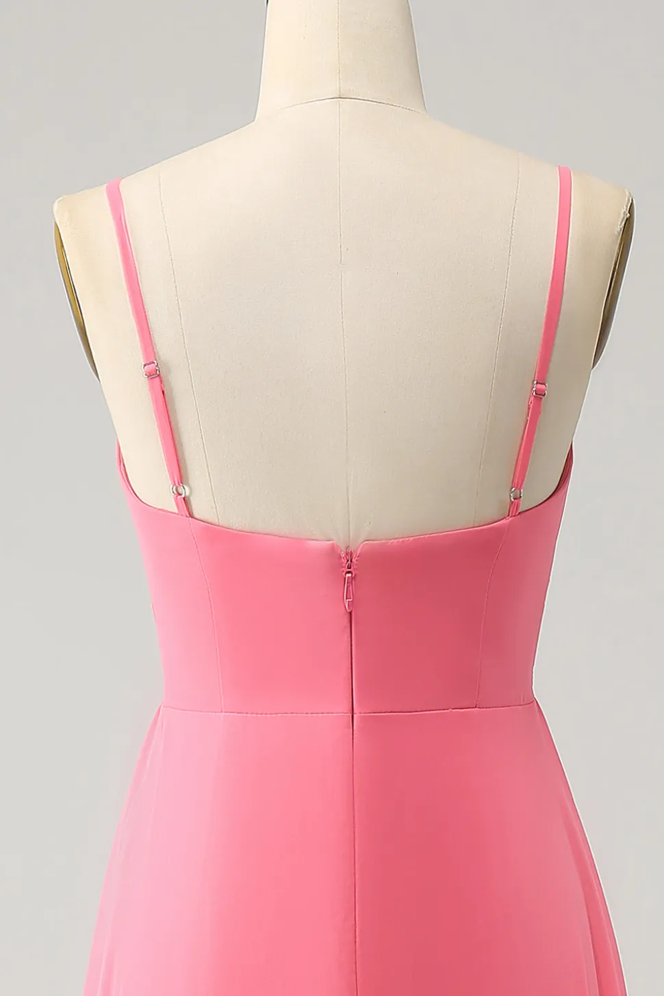 Coral A Linha V Pescoço Esparguete Correias Chiffon Long Vestido Madrinha Com Fenda