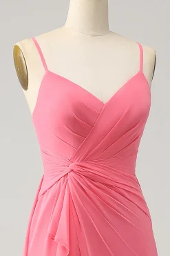 Coral A Linha V Pescoço Esparguete Correias Chiffon Long Vestido Madrinha Com Fenda