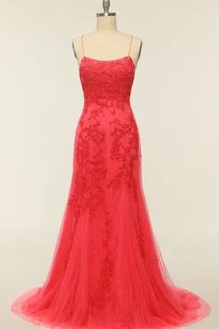 Coral Backless Long Prom Dress com Apliques