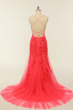 Coral Backless Long Prom Dress com Apliques