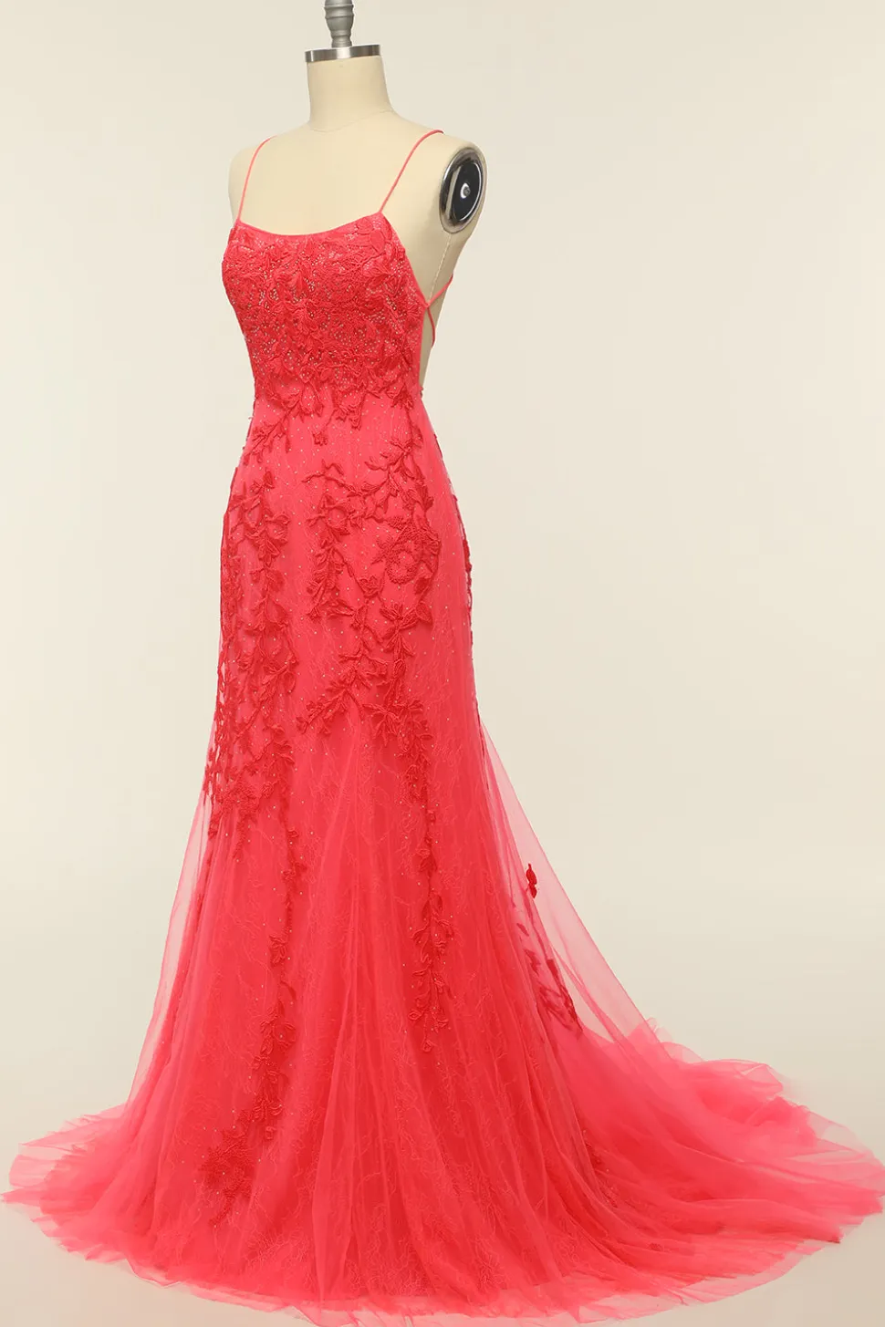 Coral Backless Long Prom Dress com Apliques