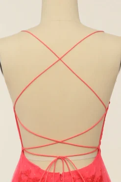 Coral Backless Long Prom Dress com Apliques