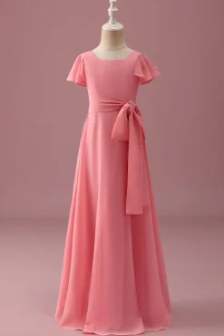 Coral Chiffon mangas curtas uma linha vestido de dama de honra júnior com Bowknot