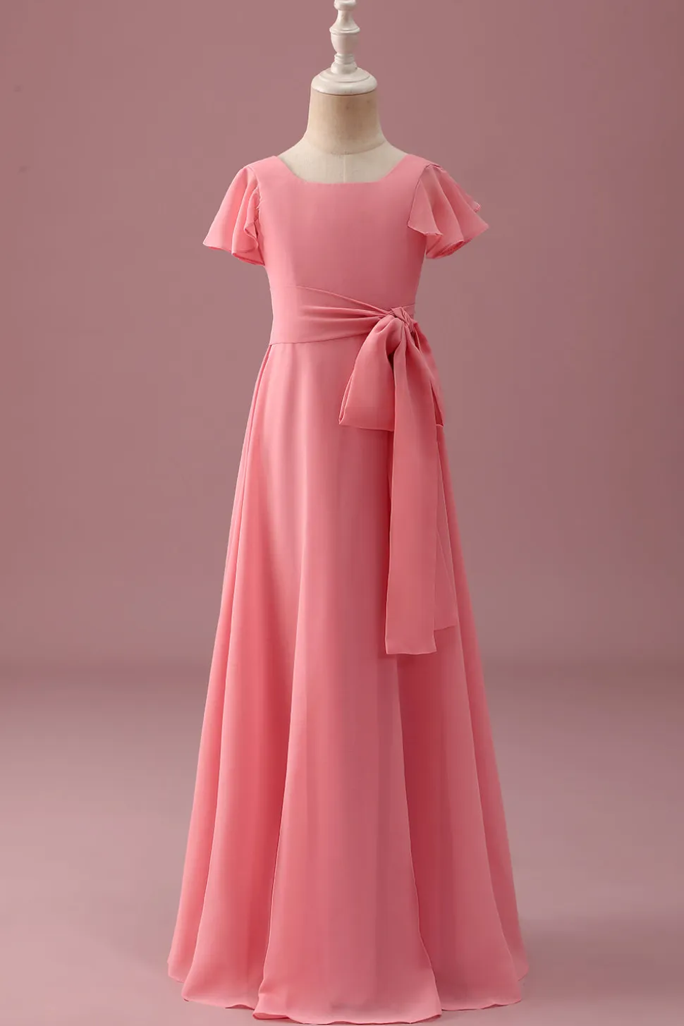 Coral Chiffon mangas curtas uma linha vestido de dama de honra júnior com Bowknot