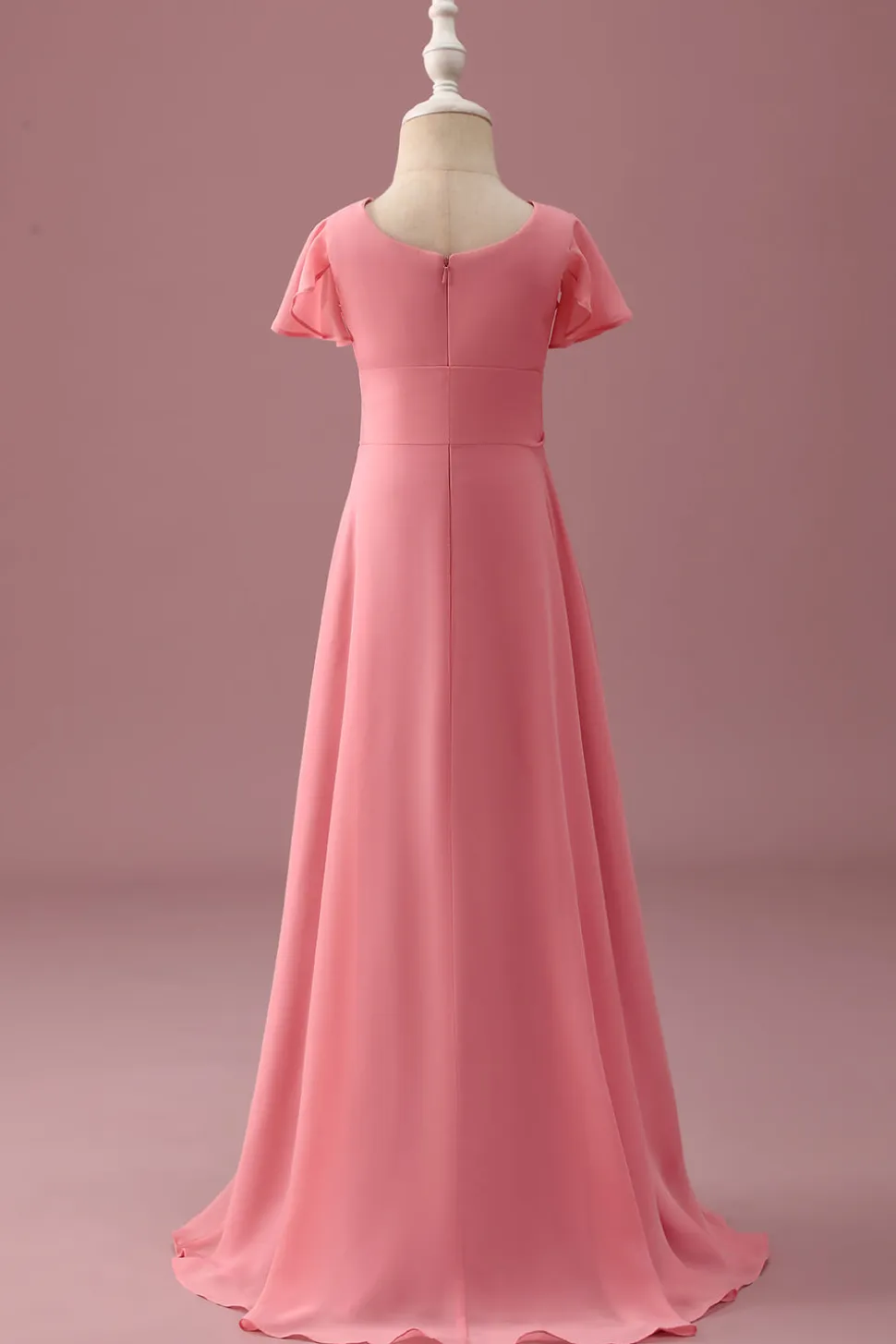 Coral Chiffon mangas curtas uma linha vestido de dama de honra júnior com Bowknot