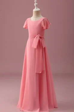 Coral Chiffon mangas curtas uma linha vestido de dama de honra júnior com Bowknot
